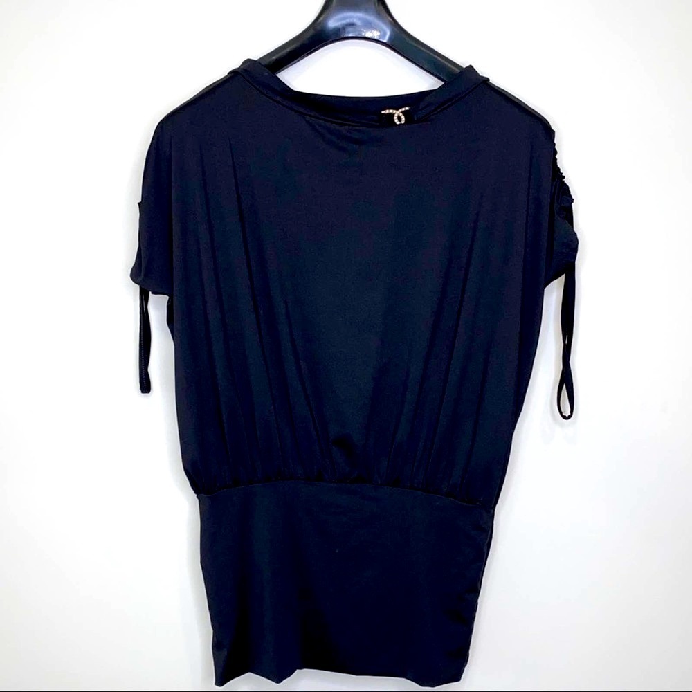 Black Oversized Short Sleeve Blouse w/ Rhinestone Size Large Classy Black Tie - Picture 3 of 4